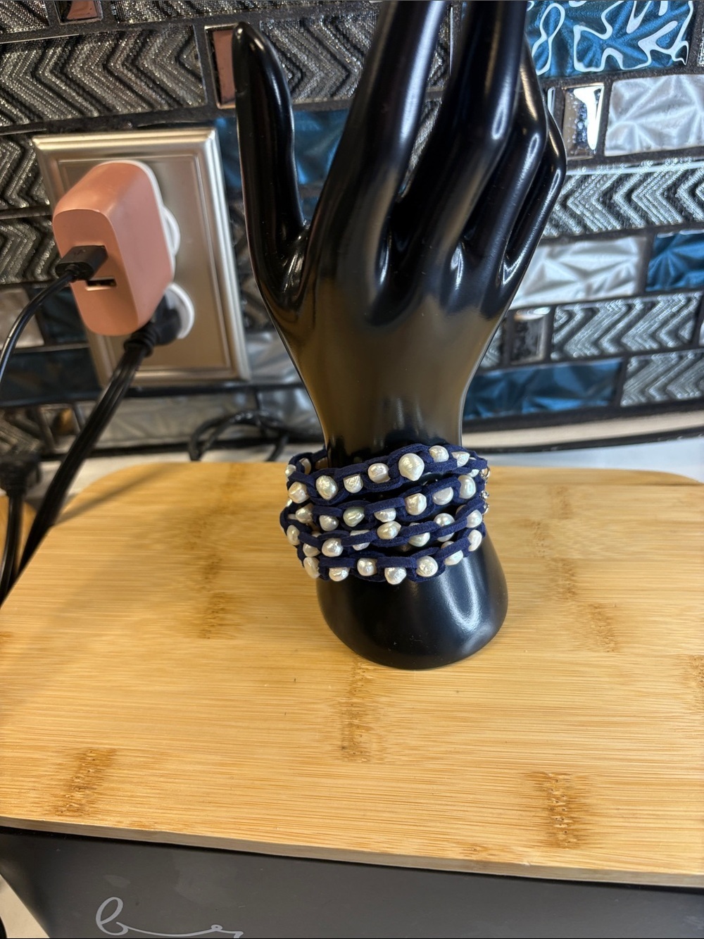 Navy Pearl Accent Wrap Bracelet